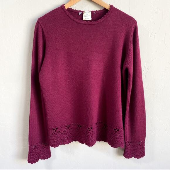 Vintage Made In Italy Merano Wool Maroon Crochet Lace Sweater - Picture 1 of 5